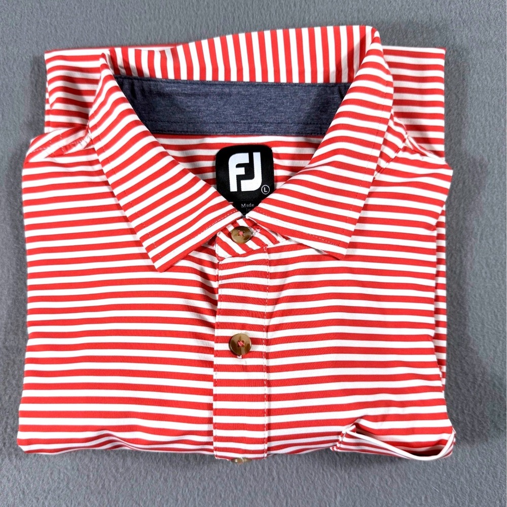 FootJoy Red White Striped Golf Polo Shirt Men‎ L Pocket Performance Country Club